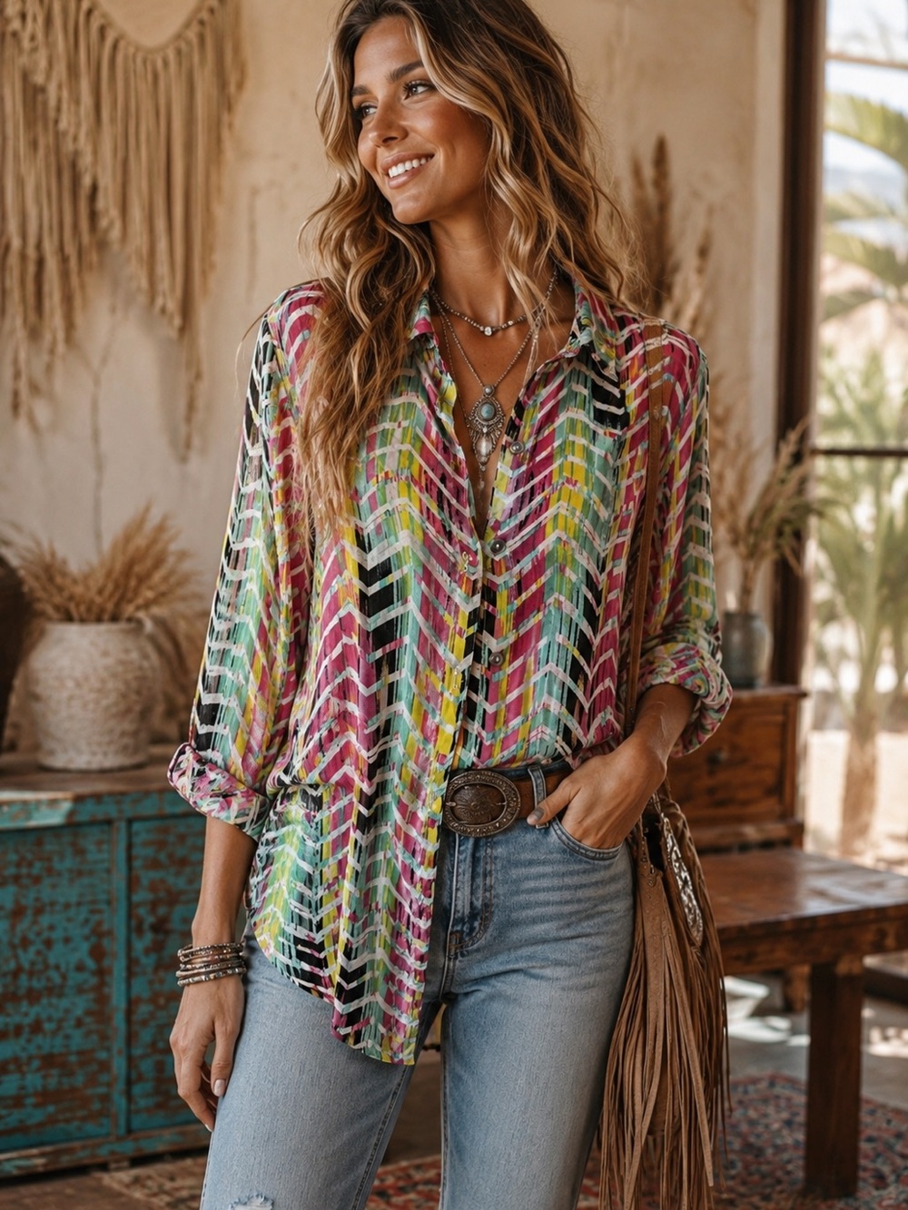 Multiples Multicolor Chevron Sheer Button-Up Blouse